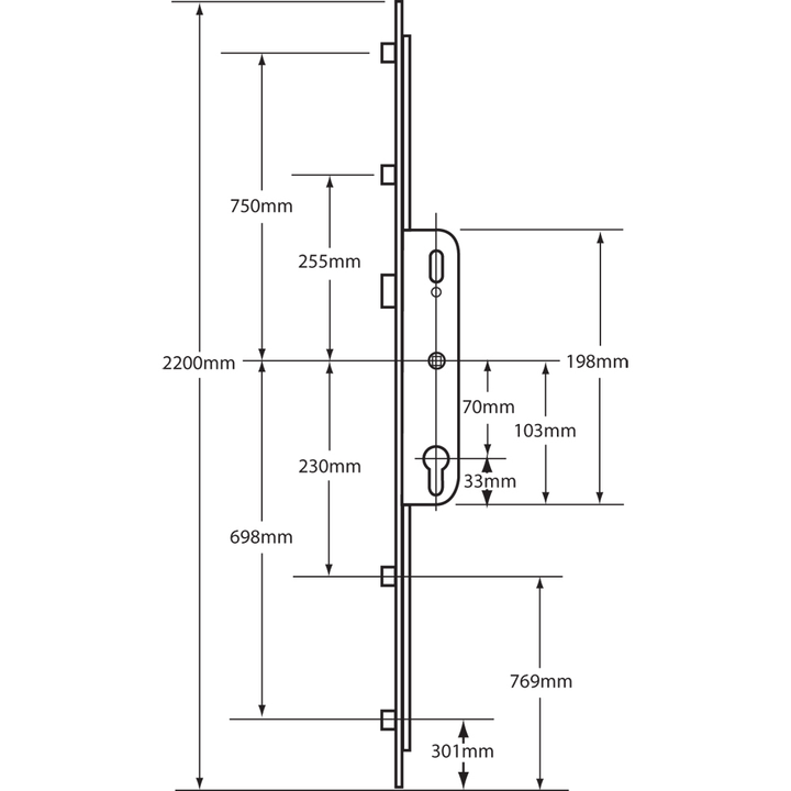 FERCO Lever Operated Latch only Multipoint Lock - 4 Roller - 70mm Centres - 16mm Faceplate