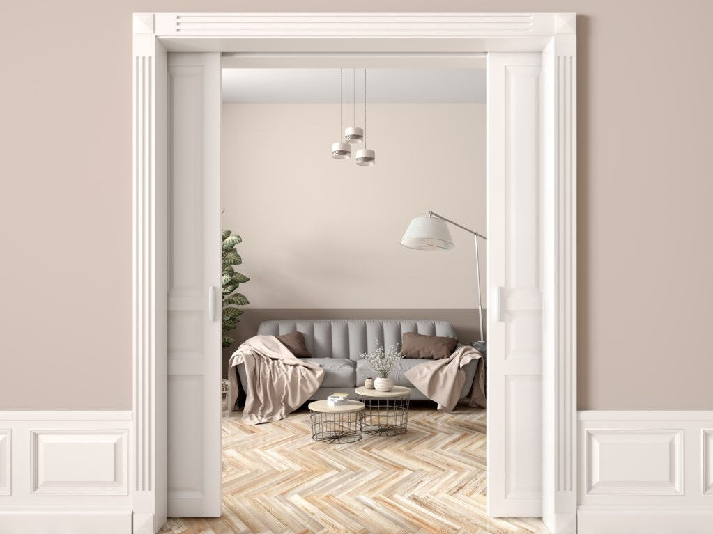 Seadec 45mm Chevron Deluxe Primed Barn Door Oak – handles&hinges